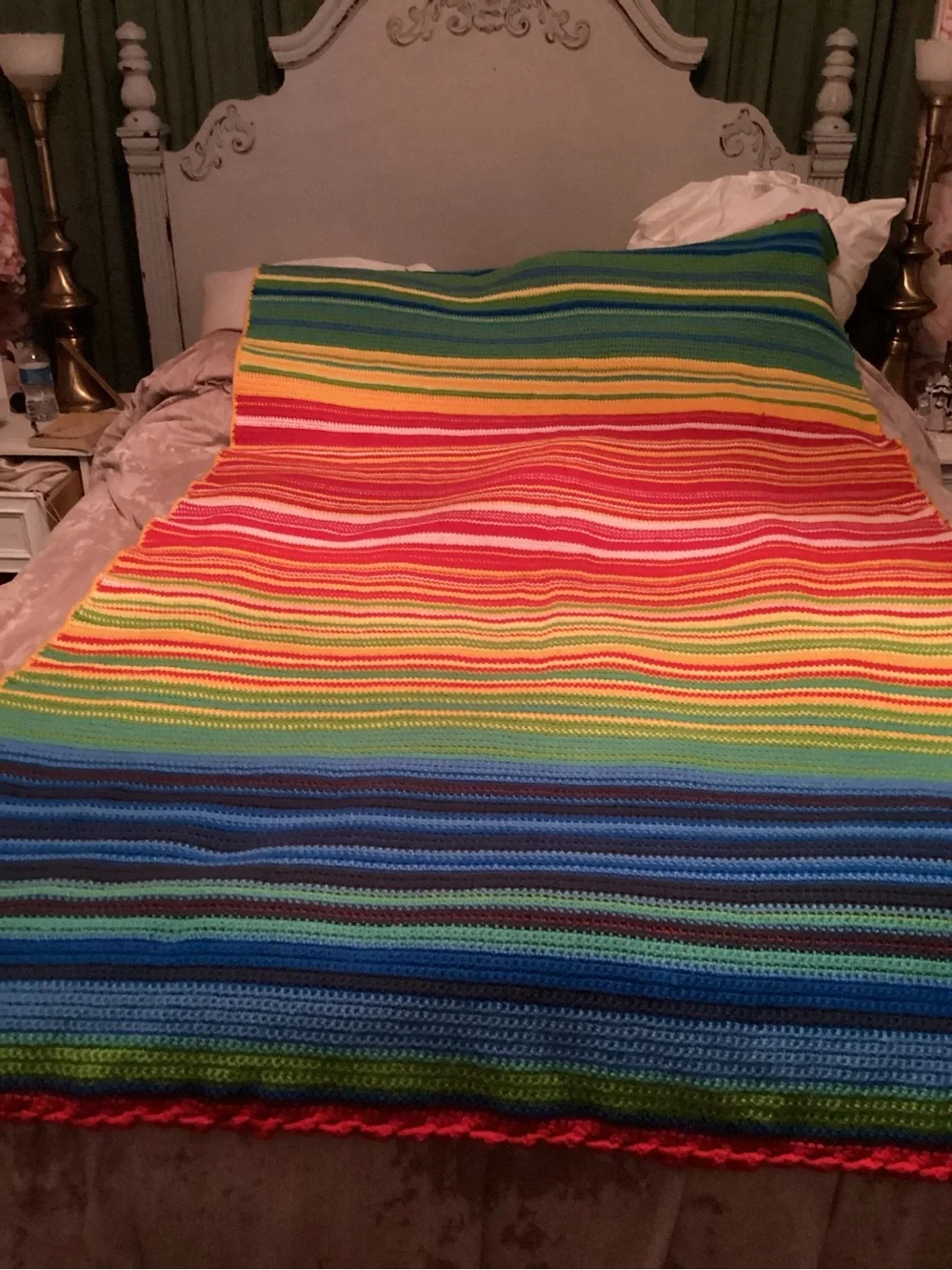 Multicolor Striped Crochet Bed Throw - Rainbow Colors 57” x 88”